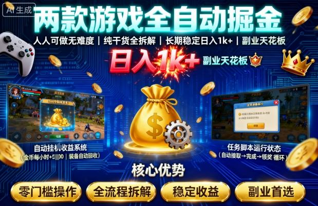 两款游戏全自动掘金，人人可做无难度，纯干货全拆解，长期稳定，日入1k+，副业天花板【揭秘】-来福网创