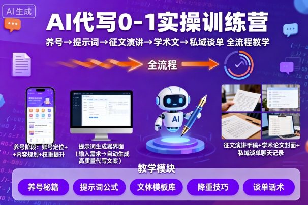 AI代写0-1实操训练营，从养号、提示词、征文演讲、学术文，到私域谈单的全流程教学-来福网创