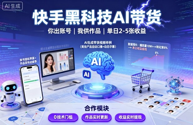 快手黑科技AI带货，你提供账号，我提供作品并发布，单日2-5张【揭秘】-来福网创