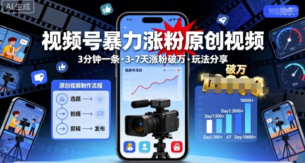 视频号暴力涨粉原创视频，3分钟一条原创视频，3-7天涨粉破万，玩法分享给你-来福网创