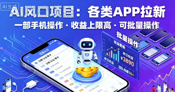 AI风口项目，各类APP拉新，一部手机就可以操作，收益上限高，可批量操作-来福网创