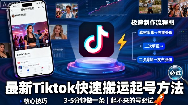 最新Tiktok快速搬运快速起号方法，3-5分钟做一条，起不来的号可以试试-来福网创