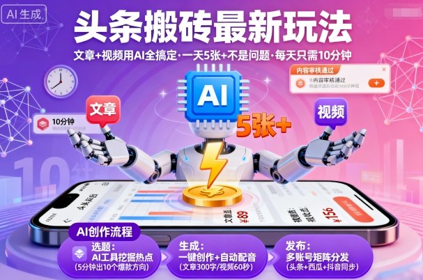 头条搬砖最新玩法，文章+视频用AI全搞定，一天5张+不是问题，每天只需10分钟-来福网创