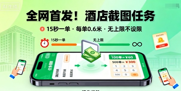 全网首发！酒店截图任务，15秒一单，每单0.6米，任务无上限不设限，矩阵操作单日3张到手【揭秘】-来福网创