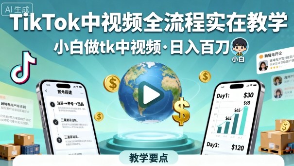 TikTok中视频全流程实操教学，小白做tk中视频，日入百刀-来福网创