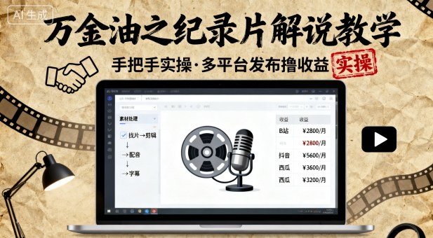 万金油之纪录片解说教学，手把手教你，完全实操，多平台发布撸收益-来福网创