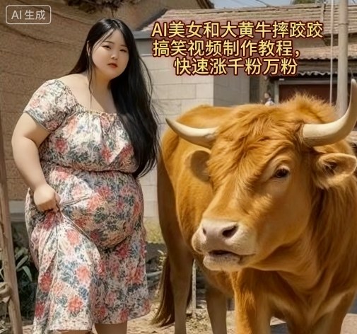 AI美女和大黄牛摔跤搞笑荒诞视频制作教程，快速涨千粉万粉-来福网创