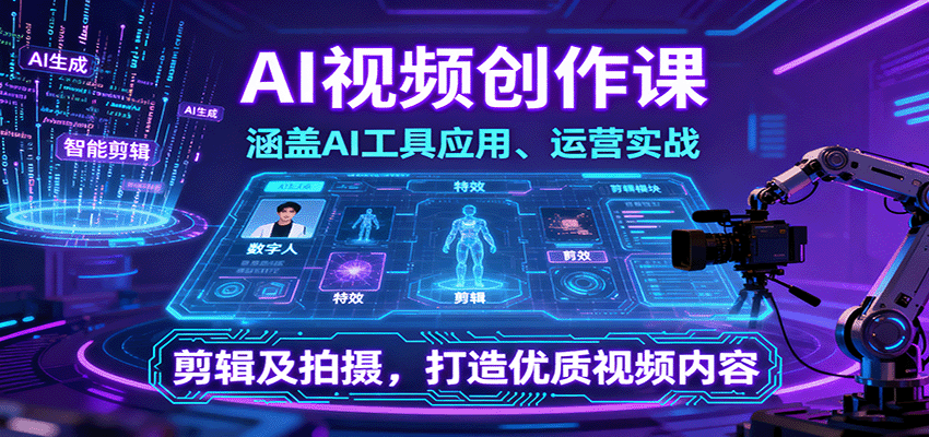 AI视频创作课，涵盖AI工具应用、运营实战、剪辑及拍摄，打造优质视频内容-来福网创