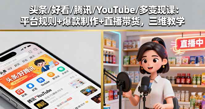 （16147期）头条/好看/腾讯/YouTube/多变现课：平台规则+爆款制作+直播带货，三维教学-来福网创
