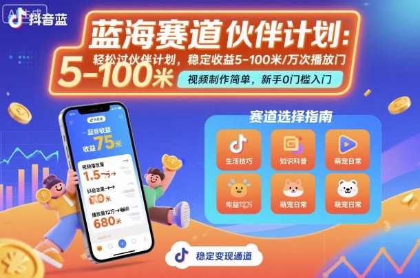 抖音蓝海赛道，轻松过伙伴计划，视频制作简单，万次播放收益在5-100米，稳定收益-来福网创