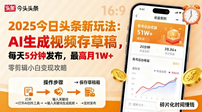 2025年今日头条躺賺新玩法，AI生成视频存草稿，每天5分钟发布，最高月1W+【揭秘】-来福网创