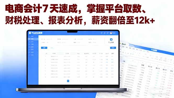 （16192期）电商会计7天速成，掌握平台取数、财税处理、报表分析，薪资翻倍至12k+-来福网创