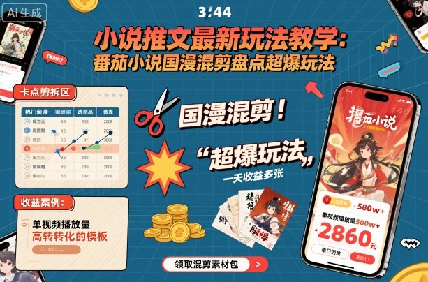 小说推文最新玩法教学，番茄小说国漫混剪盘点超爆玩法，全程干货，一天收益多张-来福网创