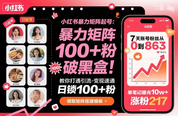 小红书暴力矩阵起号，教你打通引流-变现速通，日锁100+粉，破流量黑盒-来福网创