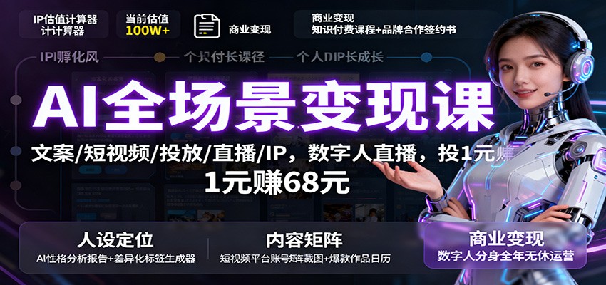 AI全场景变现课：文案/短视频/投放/直播/IP，数字人直播，投1元赚68元-来福网创