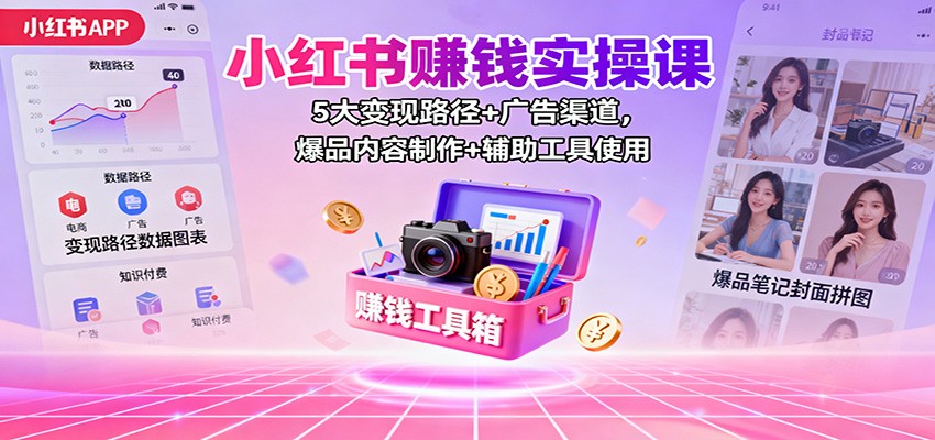 小红书赚钱实操课：5大变现路径+广告渠道，爆品内容制作+辅助工具使用-来福网创