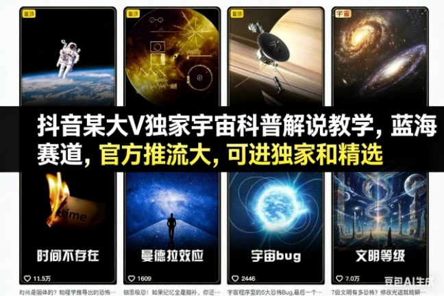 抖音某大V独家宇宙科普解说教学，蓝海赛道，官方推流大，可进独家和精选-来福网创