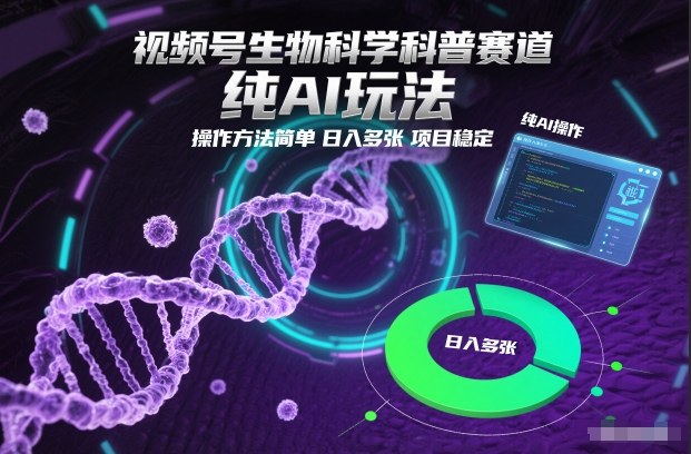 视频号生物科学科普赛道，纯AI玩法，操作方法简单，日入多张，项目稳定-来福网创